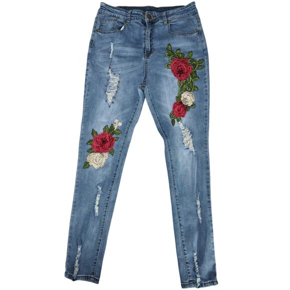 Masseys Rose Embroidered Distressed Skinny Jeans Blue Denim Size 14 - Picture 1 of 16